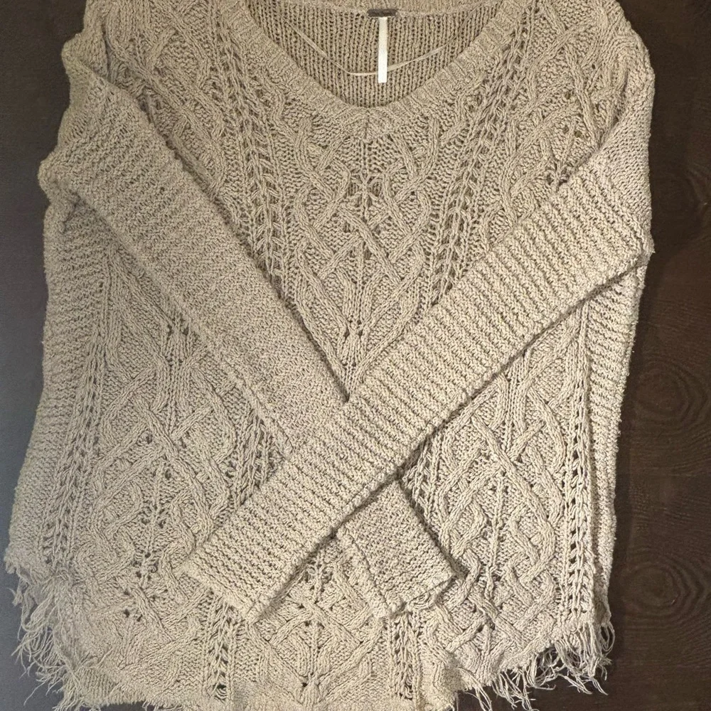 Free People Tan Crew Neck Sweater with Intricate Knit Pattern